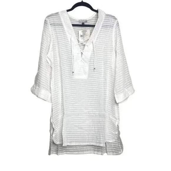NWT J. Valdi Santa Barbara Big Shirt Tunic LaceUp Texture Stripe Coverup L White - Picture 14 of 15